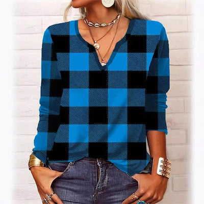 Plaid & Printed Top V-neck Loose Long Sleeve Shirt For Women