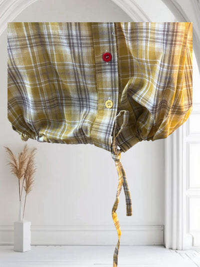 Plaid Shirt Women's Short Sleeves Summer Thin  drawstring Cotton Half-Sleeved Top