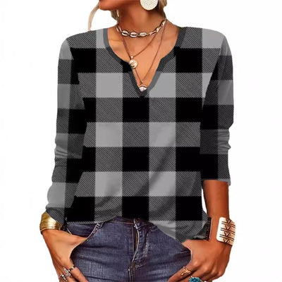 Plaid & Printed Top V-neck Loose Long Sleeve Shirt For Women