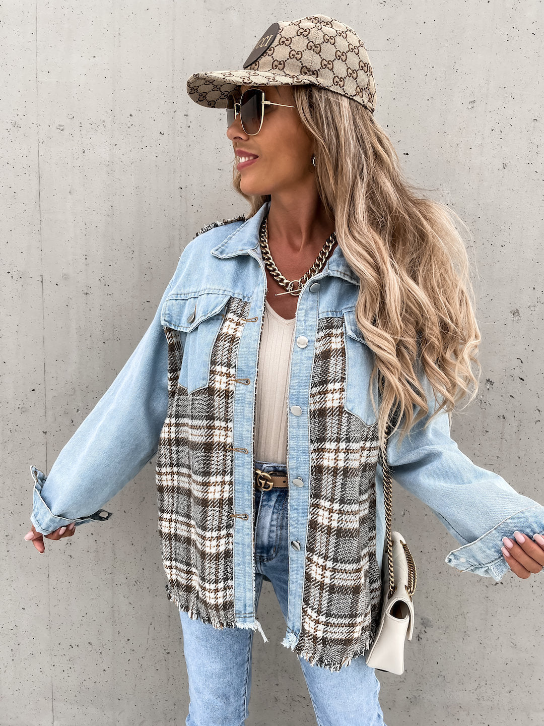 Denim Stitching Plaid Coat Loose Top Women