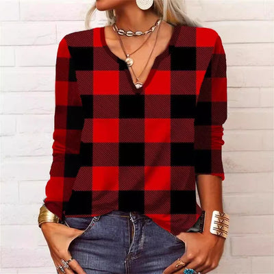 Plaid & Printed Top V-neck Loose Long Sleeve Shirt For Women