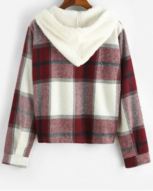 Hooded Casual Long-Sleeved Plaid Shirt Top Women