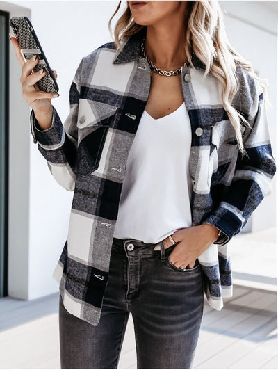 Women's warm plaid long sleeve coat top