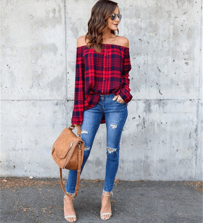 One-collar plaid shirt top