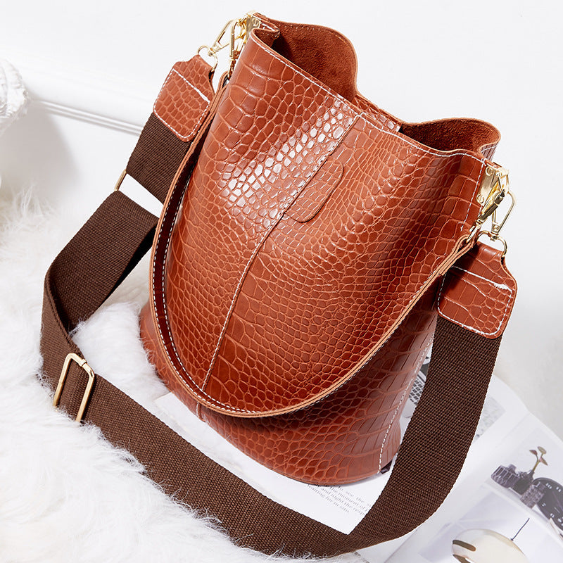 Vegan Leather Wide Shoulder Strap  Shoulder Bag Bucket Bag Crossbody Bag