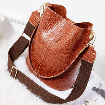 Vegan Leather Wide Shoulder Strap  Shoulder Bag Bucket Bag Crossbody Bag