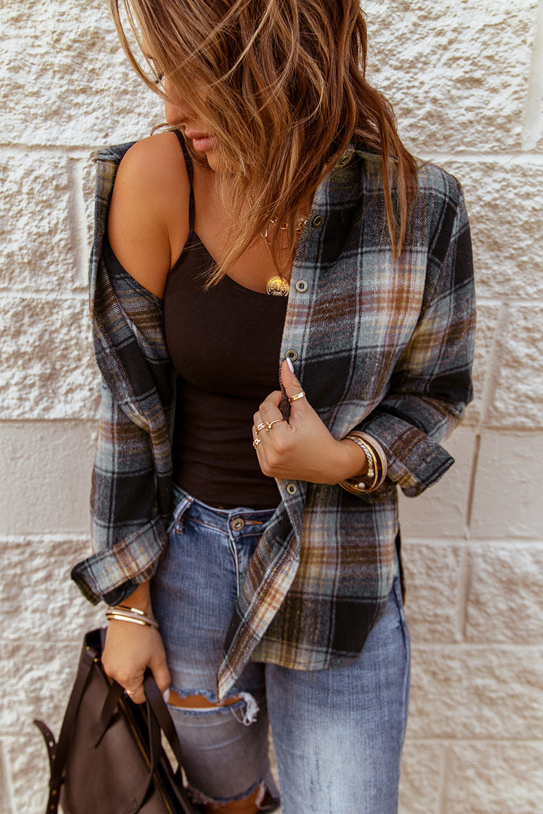 Mid-length Plaid Shirt Women's  Loose Long Sleeve Top