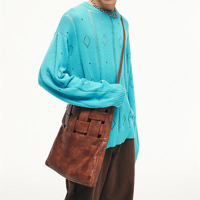 Vegan Leather Woven Structure Crossbody Shoulder Bag Tote Bag