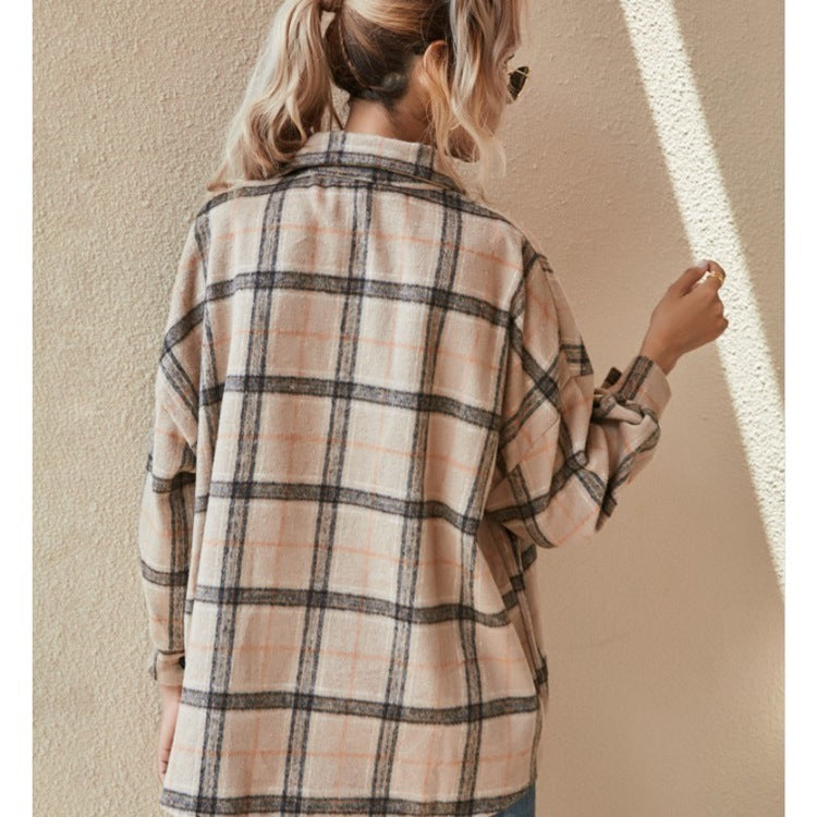 Cozy Long-sleeved Plaid Jacket Shirt Top