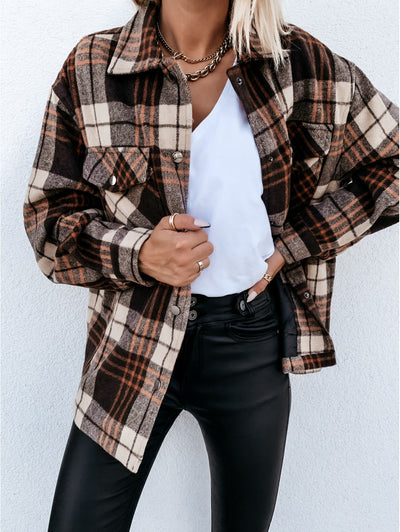 Autumn And Winter Long-Sleeved Plaid Printed Shirt Jacket Women's Top