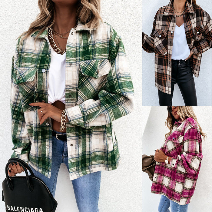 Autumn And Winter Long-Sleeved Plaid Printed Shirt Jacket Women's Top