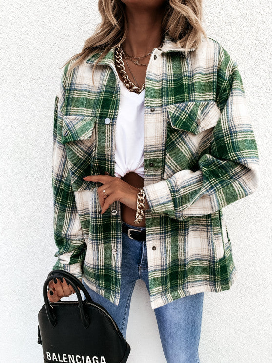 Autumn And Winter Long-Sleeved Plaid Printed Shirt Jacket Women's Top