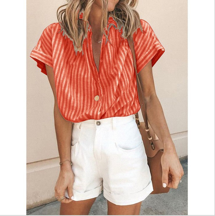 Striped Shirt Women Short-Sleeved  Cardigan Women's Top