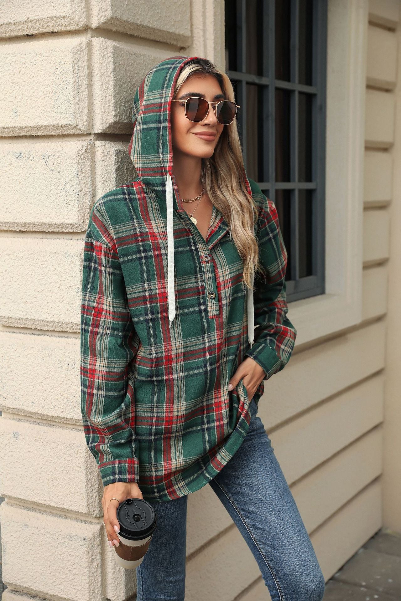 Plaid  Hooded Sweatshirt With Button Loose Long Sleeve Hoodies Women Clothing