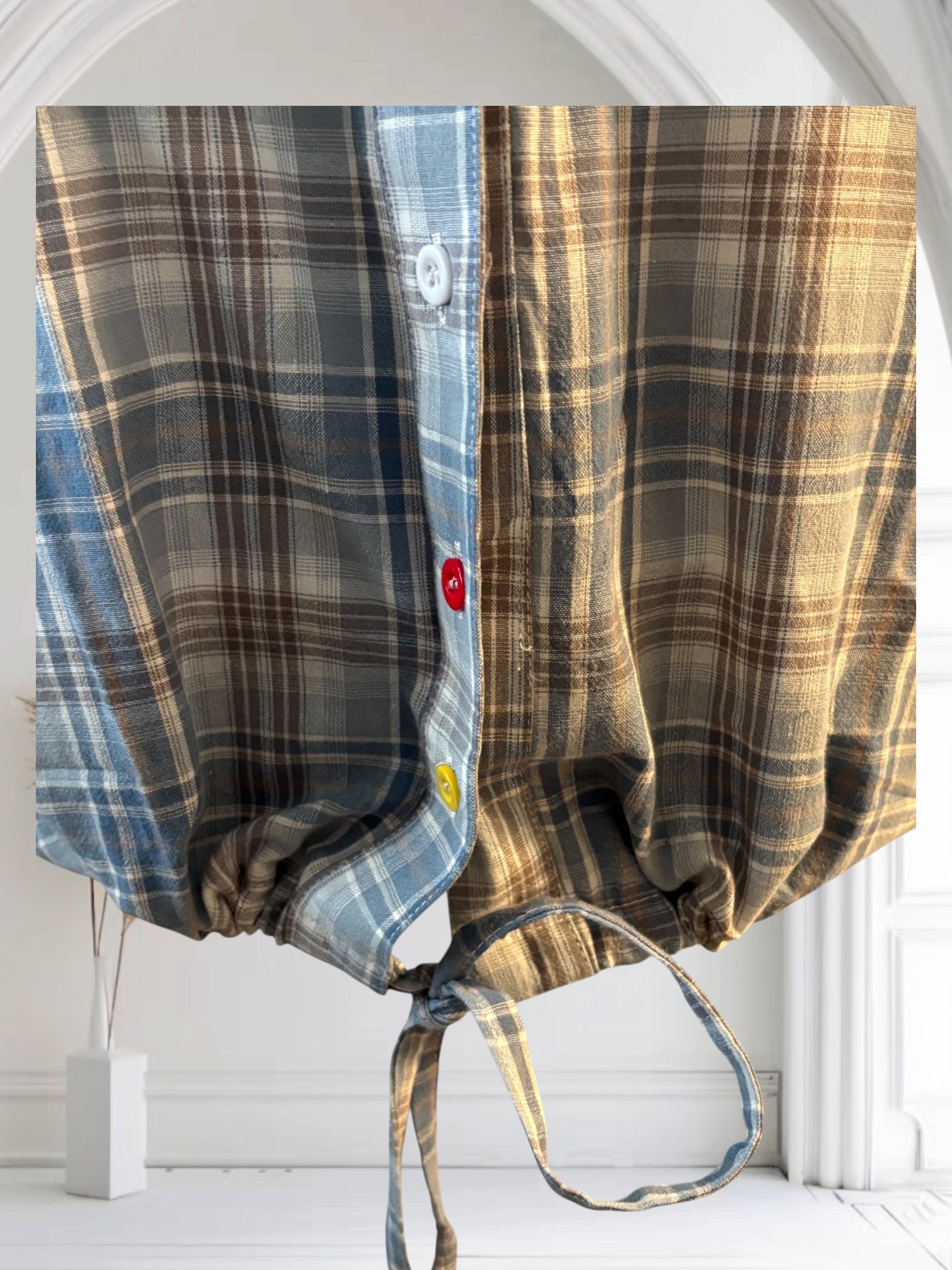 Plaid Shirt Women's Short Sleeves Summer Thin  drawstring Cotton Half-Sleeved Top
