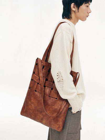 Vegan Leather Woven Structure Crossbody Shoulder Bag Tote Bag