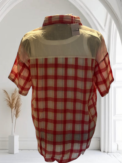 Women Plaid Shirt Summer Top Short Sleeves Thin Plaid Top