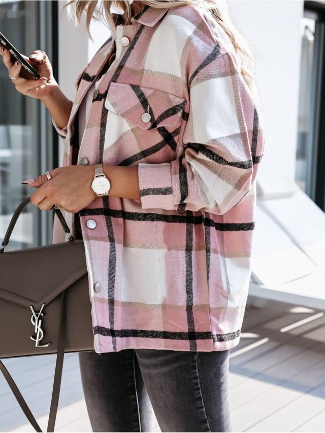 Women's warm plaid long sleeve coat top