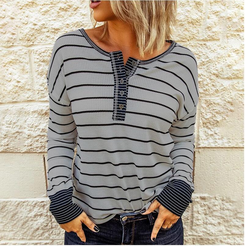 Fashion knitted striped long sleeve women T-shirt