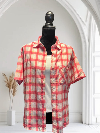 Women Plaid Shirt Summer Top Short Sleeves Thin Plaid Top