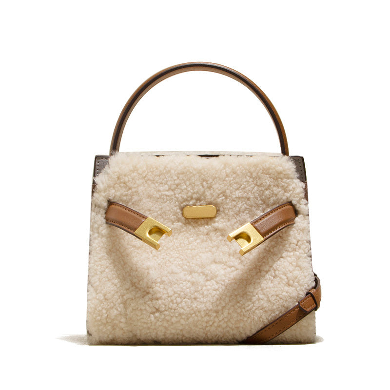 Genuine Leather Bag Lamb Wool  Winter  Tote Bag Shoulder Bag CrossBody