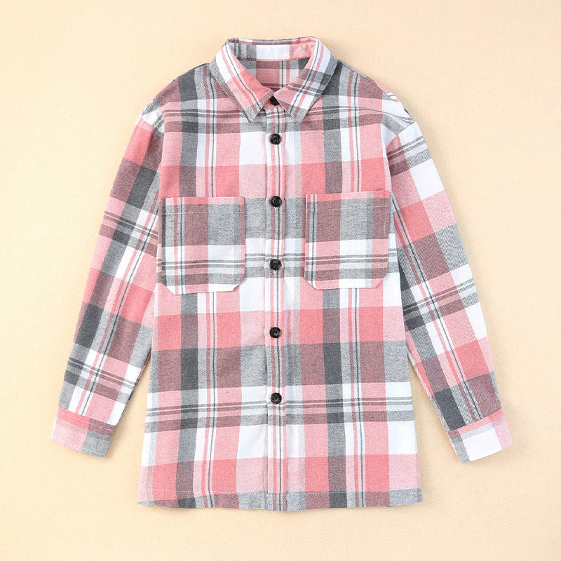 Pink Plaid Women' Button Pocket Shirt Women's Top