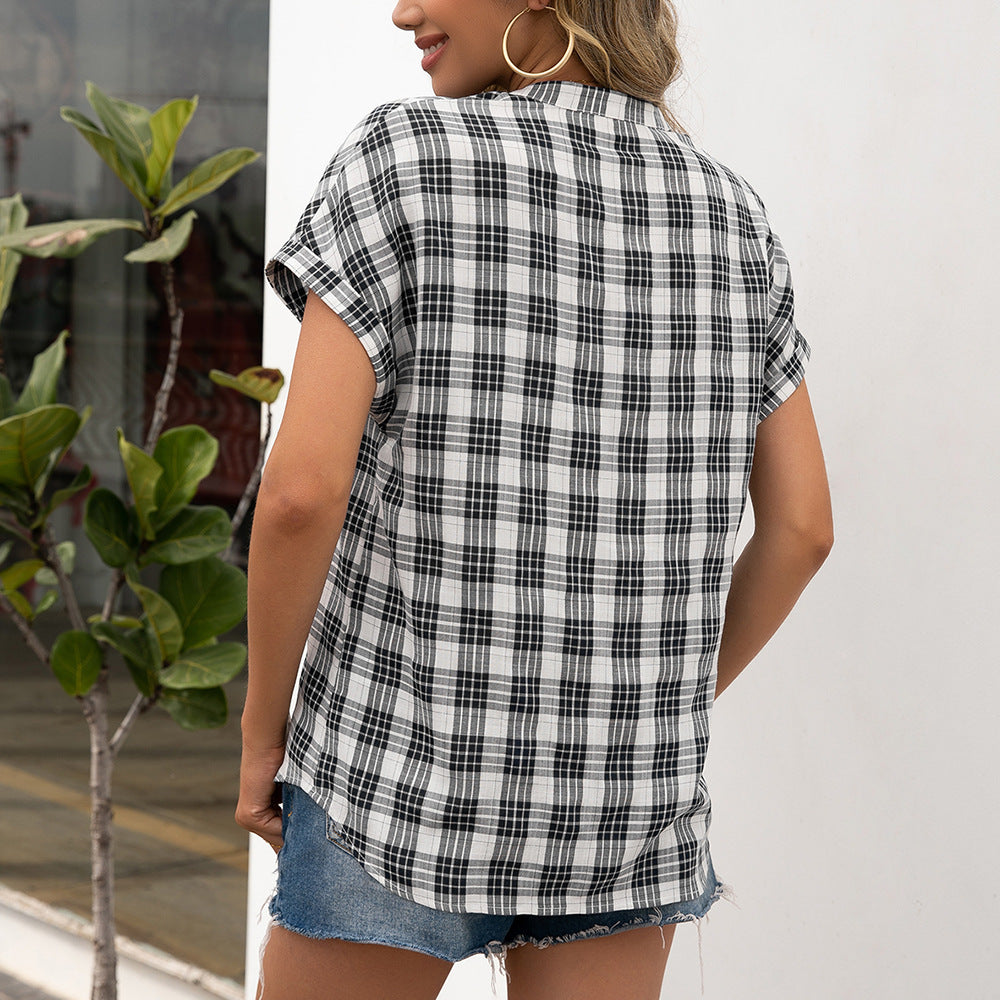 Loose V-neck Dovetail Plaid Shirt Top Women