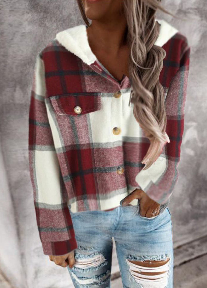 Hooded Casual Long-Sleeved Plaid Shirt Top Women