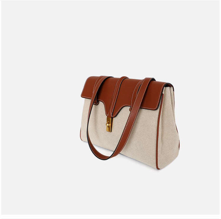 Genuine Leather Shoulder Bag With Canvas Lock Design Tote Bag