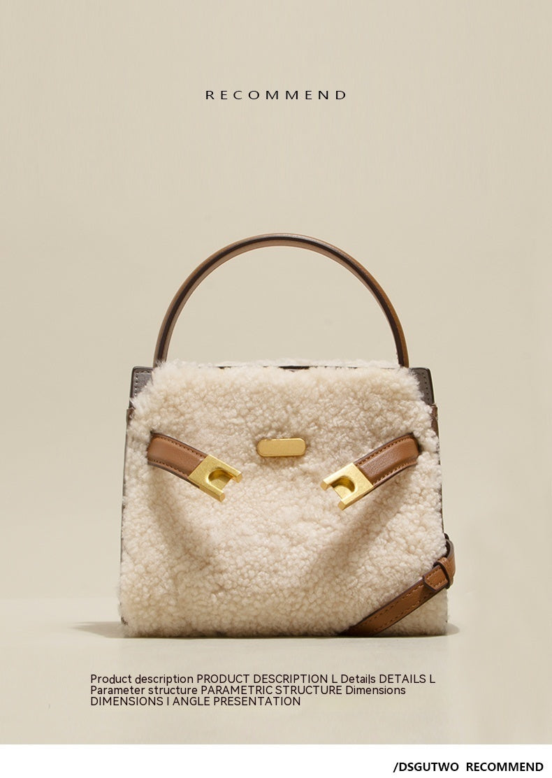 Genuine Leather Bag Lamb Wool  Winter  Tote Bag Shoulder Bag CrossBody
