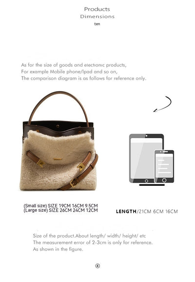 Genuine Leather Bag Lamb Wool  Winter  Tote Bag Shoulder Bag CrossBody