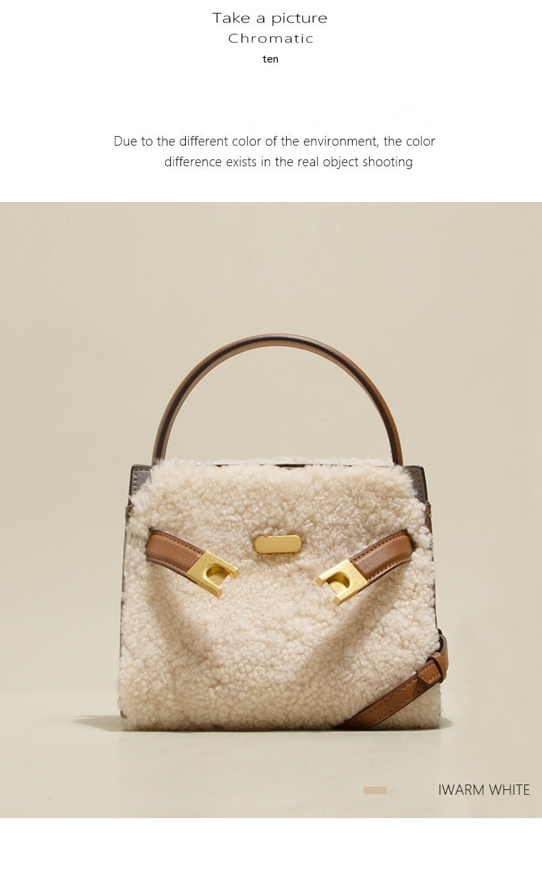 Genuine Leather Bag Lamb Wool  Winter  Tote Bag Shoulder Bag CrossBody