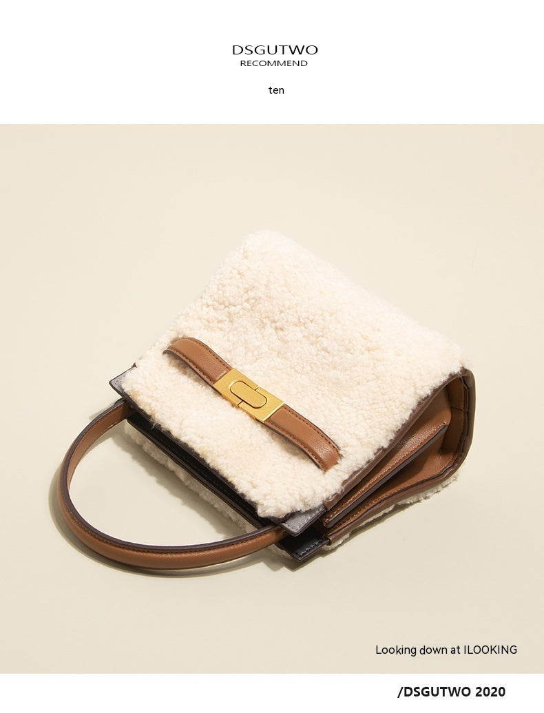 Genuine Leather Bag Lamb Wool  Winter  Tote Bag Shoulder Bag CrossBody