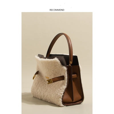 Genuine Leather Bag Lamb Wool  Winter  Tote Bag Shoulder Bag CrossBody