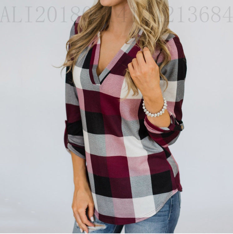 Plaid Button V-neck Printed Shirt Top