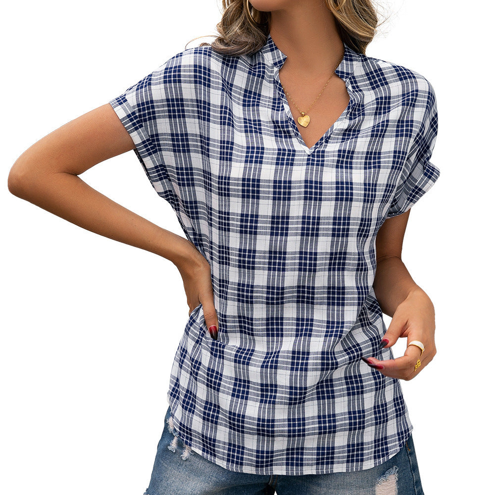 Loose V-neck Dovetail Plaid Shirt Top Women