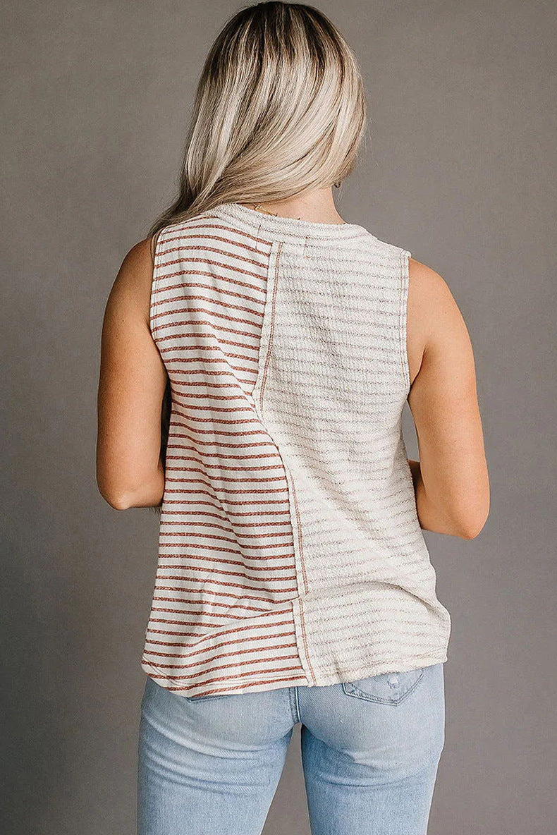 Striped Patchwork Round Neck Vest For Women