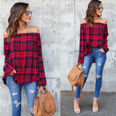 One-collar plaid shirt top