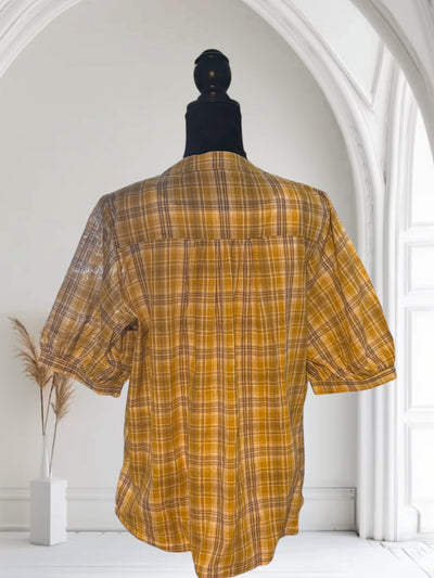 Plaid Shirt Women's Short Sleeves Summer Thin  drawstring Cotton Half-Sleeved Top