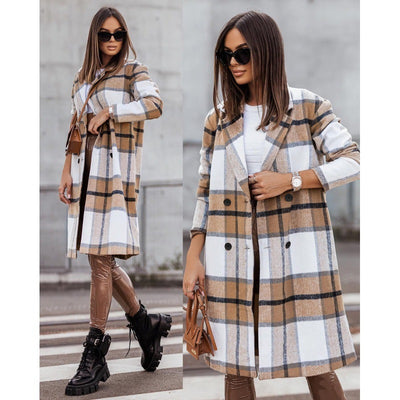 Printed Mid-length Plaid Wool Coat Light Jacket Women