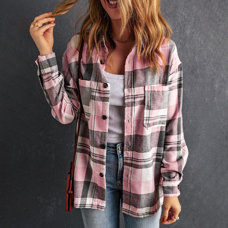 Pink Plaid Women' Button Pocket Shirt Women's Top