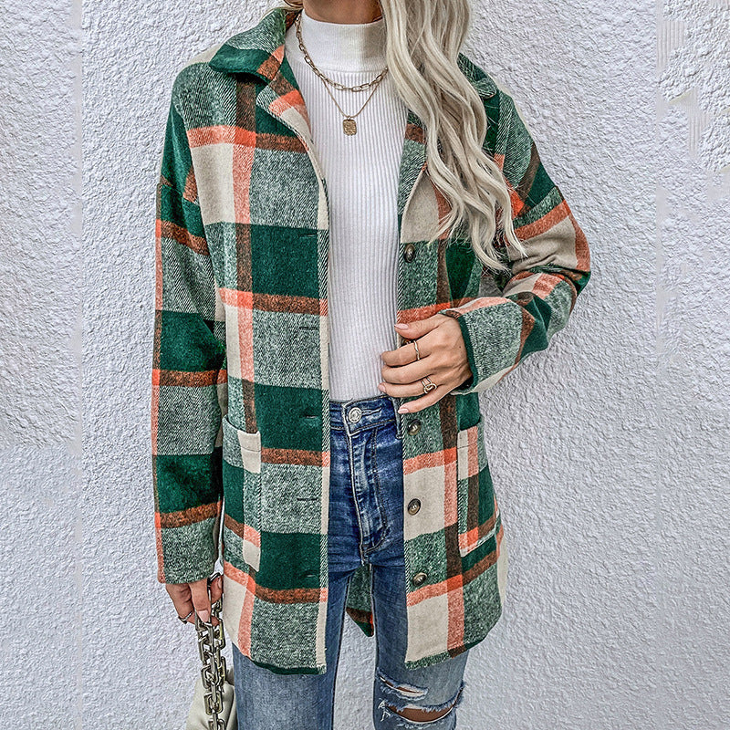 Mid Length Plaid Top With Loose Long Sleeves