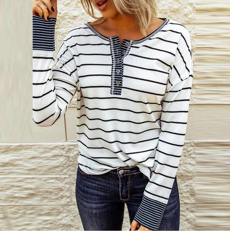 Fashion knitted striped long sleeve women T-shirt