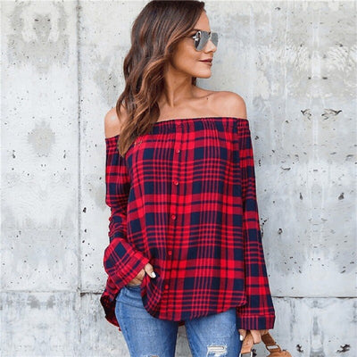 One-collar plaid shirt top