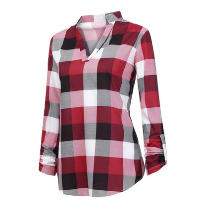 Plaid Button V-neck Printed Shirt Top