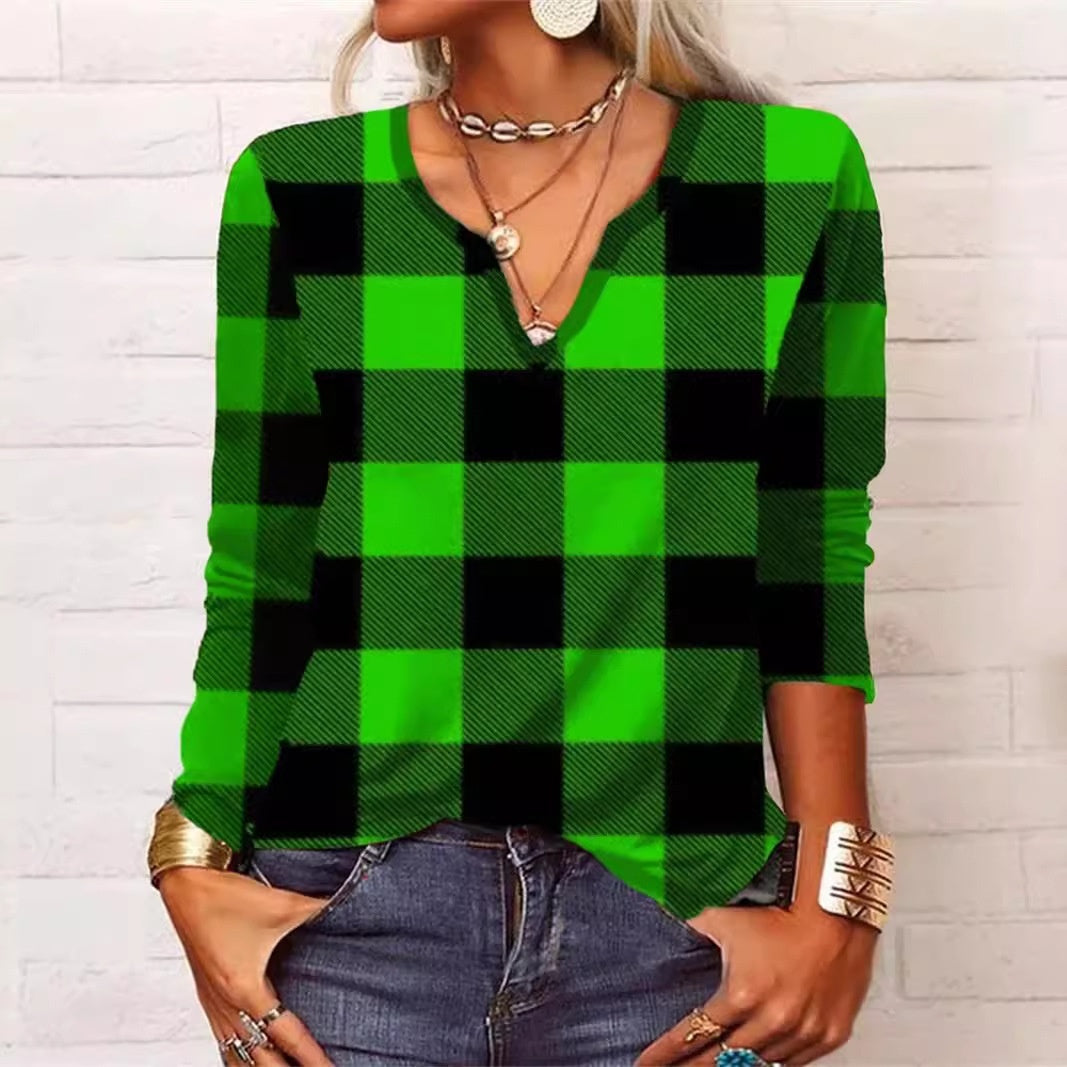 Plaid & Printed Top V-neck Loose Long Sleeve Shirt For Women