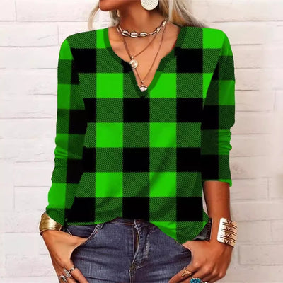 Plaid & Printed Top V-neck Loose Long Sleeve Shirt For Women