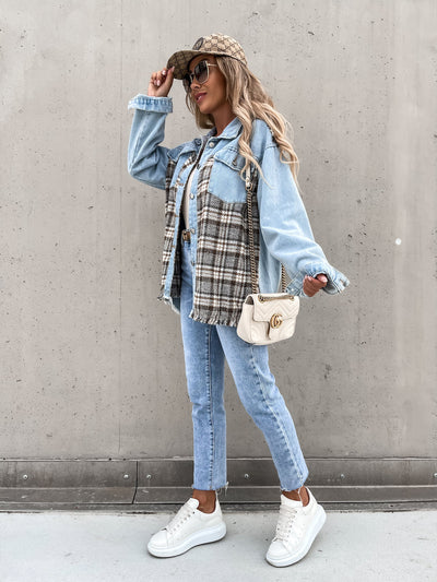 Denim Stitching Plaid Coat Loose Top Women