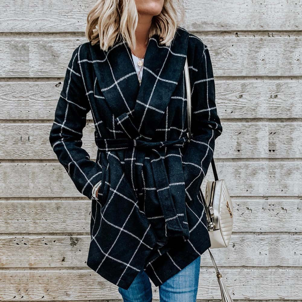 Lace up Plaid mid length top women's coat