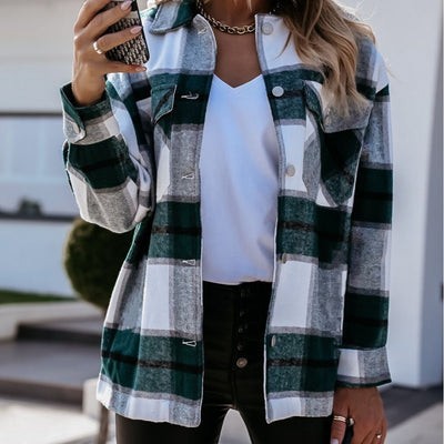 Women's warm plaid long sleeve coat top